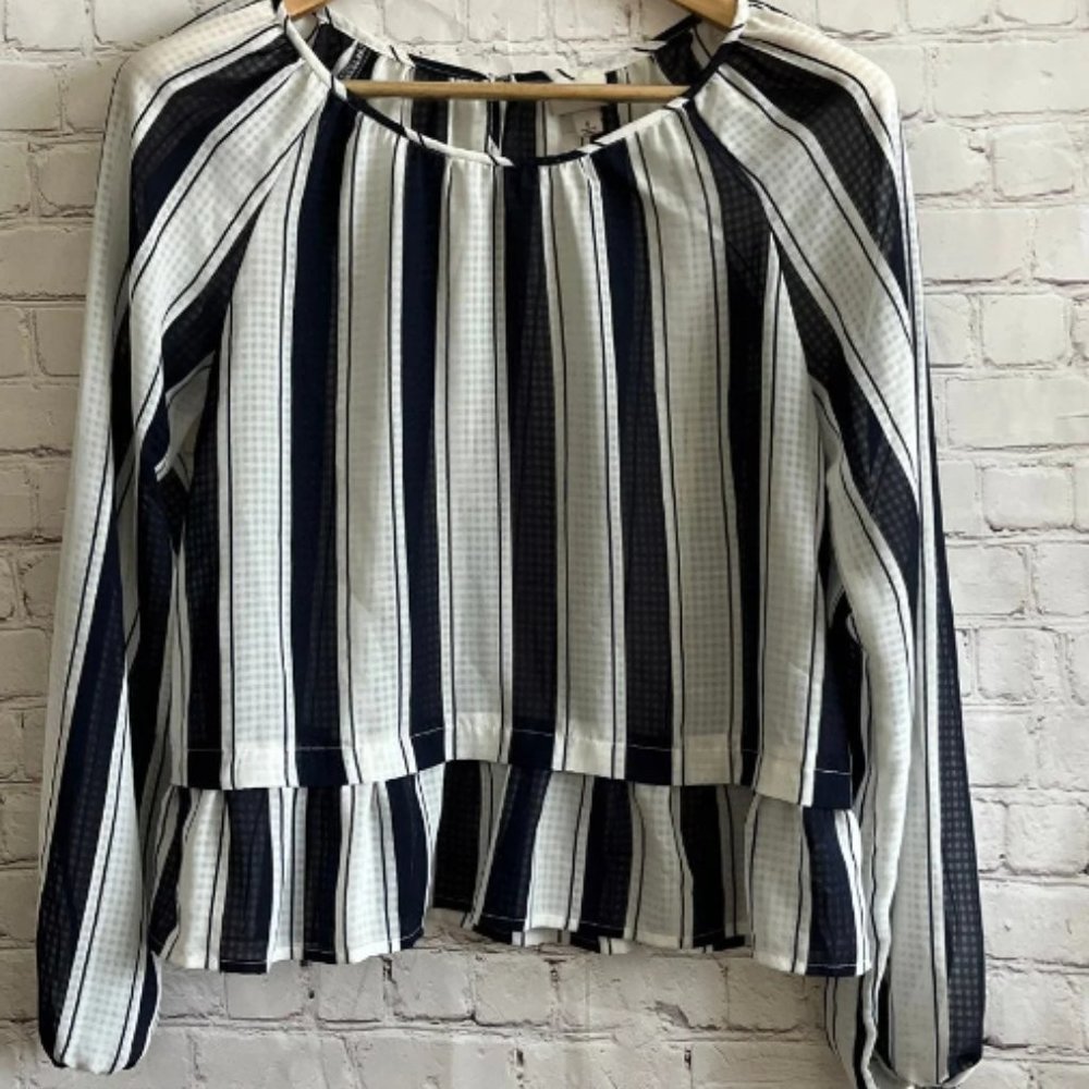 S Navy Striped Ruffle Blouse